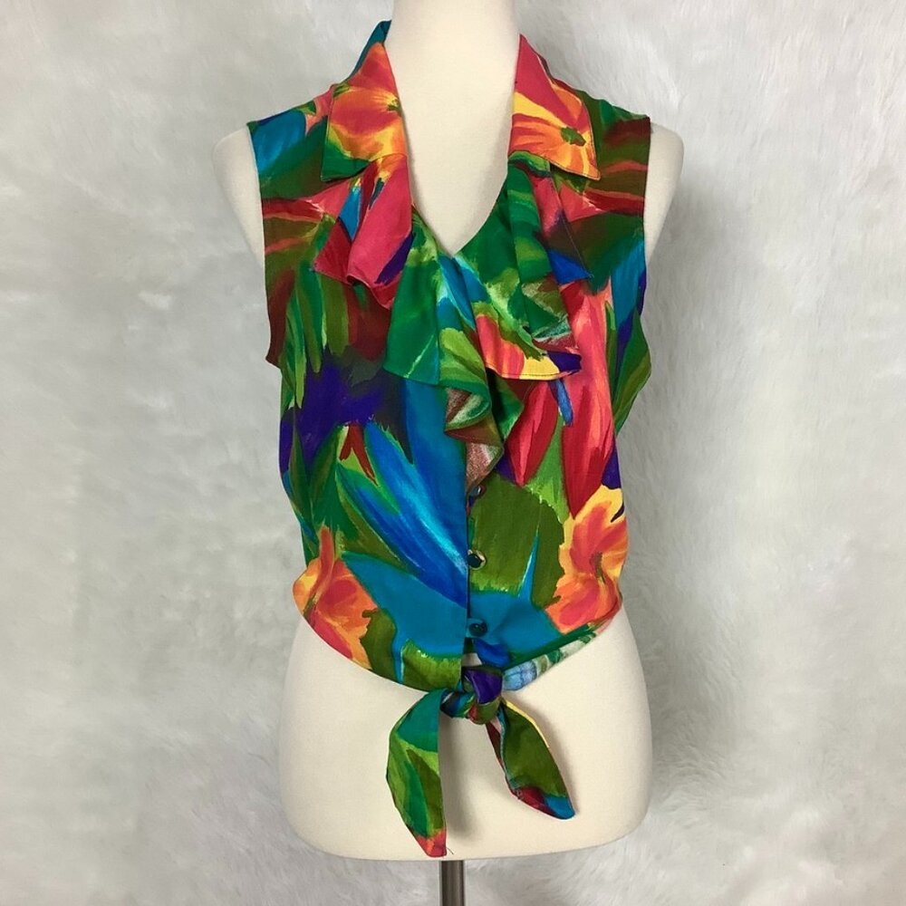 Vintage 80s Try 1 Sleeveless Tie Front Tropical Floral Ruffle Blouse L